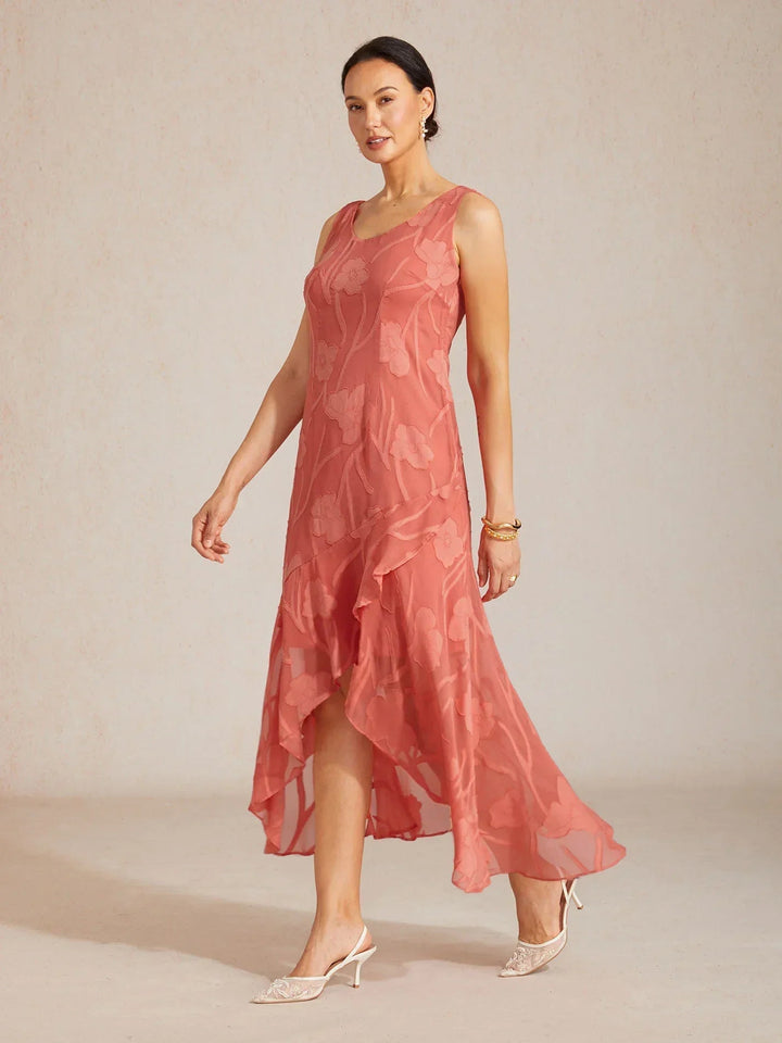 Floral Chiffon Sleeveless Evening Gown with Asymmetrical Hem