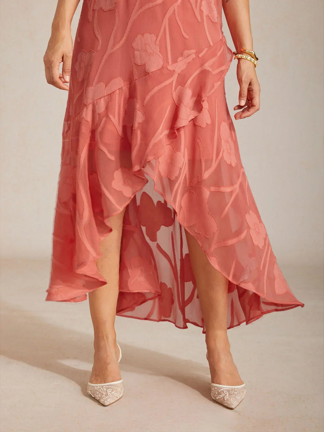 Floral Chiffon Sleeveless Evening Gown with Asymmetrical Hem