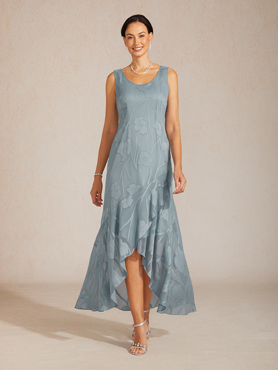 Floral Chiffon Sleeveless Evening Gown with Asymmetrical Hem