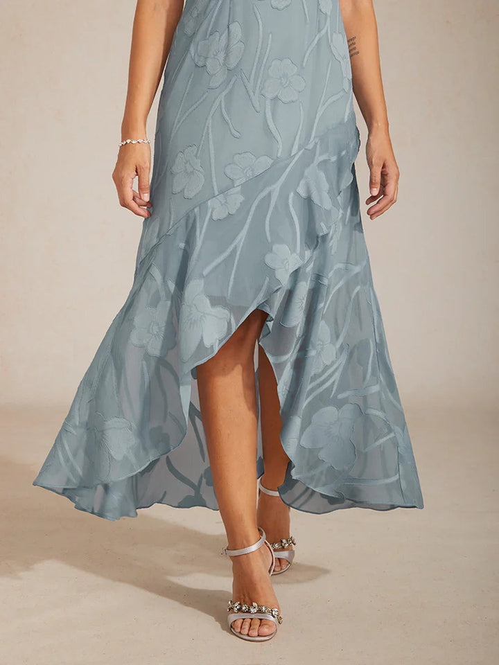 Floral Chiffon Sleeveless Evening Gown with Asymmetrical Hem