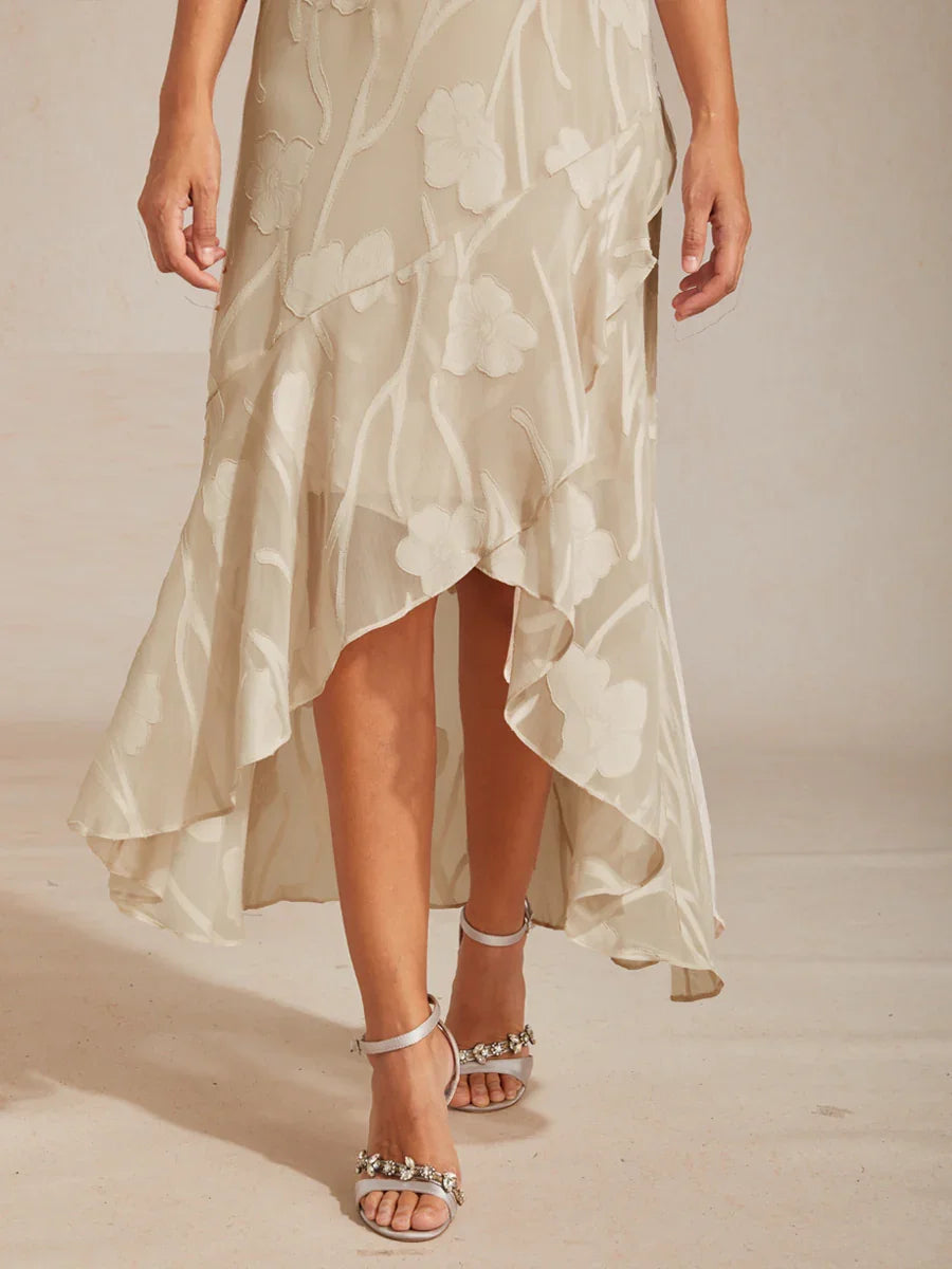 Floral Chiffon Sleeveless Evening Gown with Asymmetrical Hem