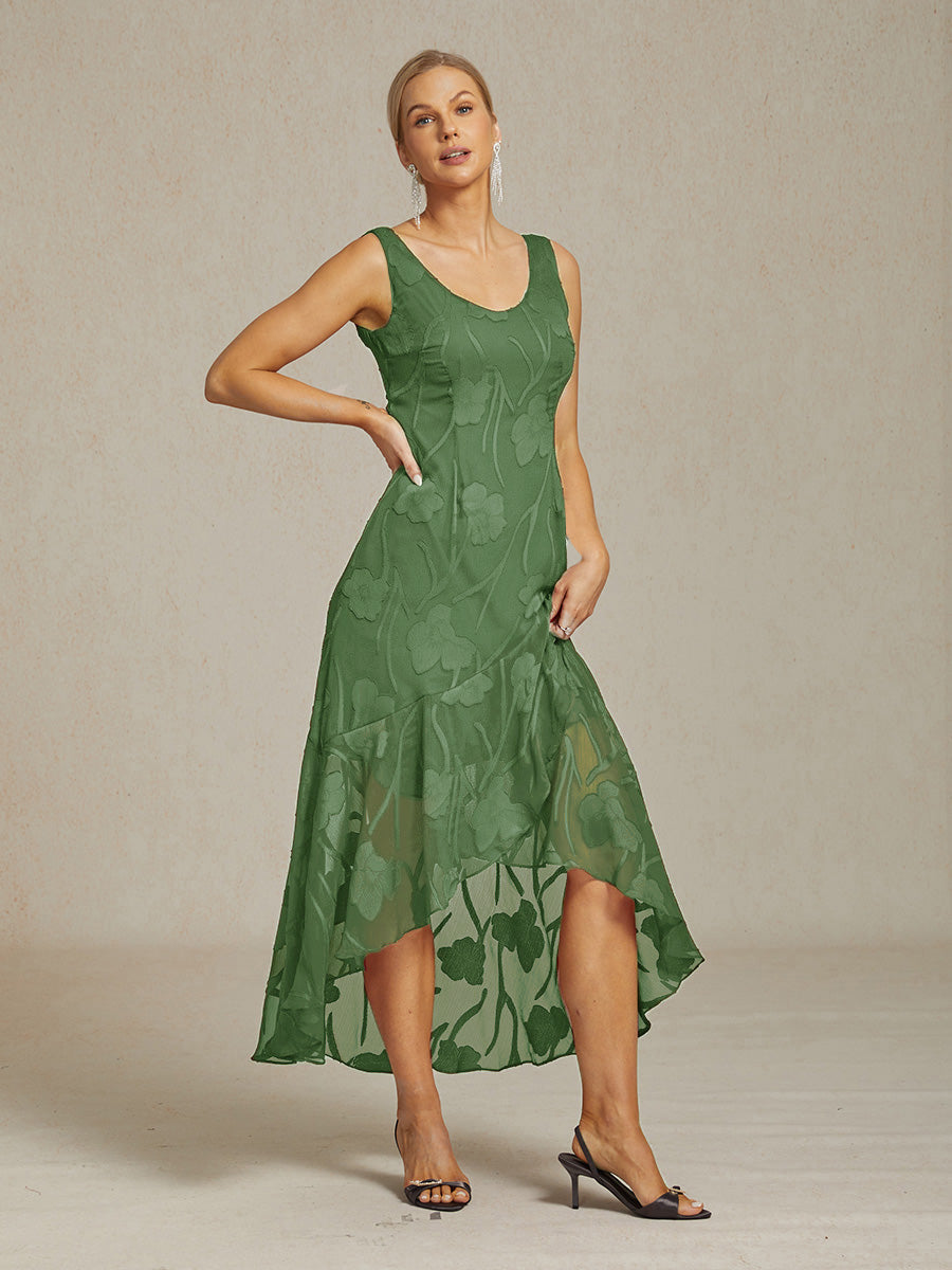 Floral Chiffon Sleeveless Evening Gown with Asymmetrical Hem