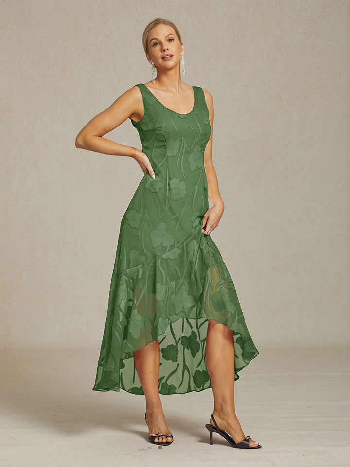 Floral Chiffon Sleeveless Evening Gown with Asymmetrical Hem