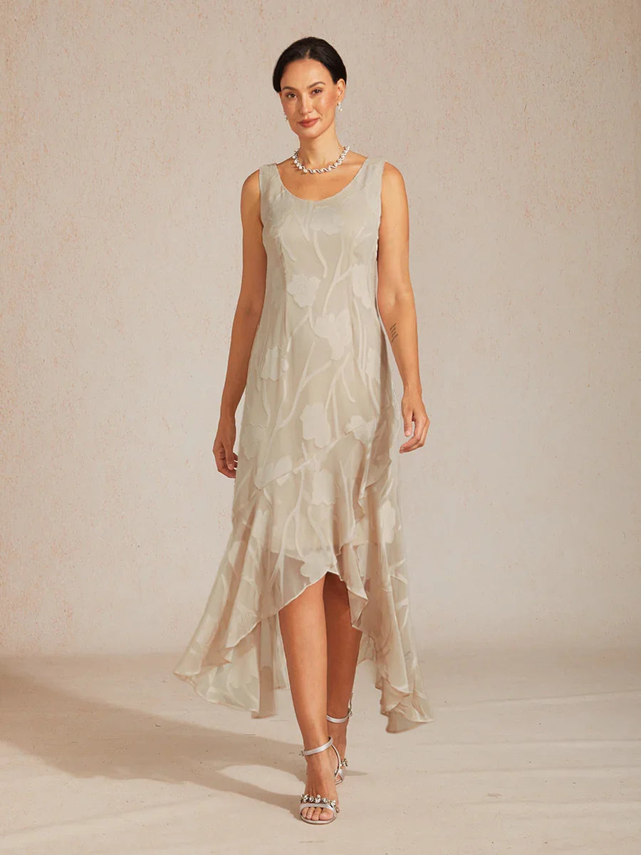 Floral Chiffon Sleeveless Evening Gown with Asymmetrical Hem