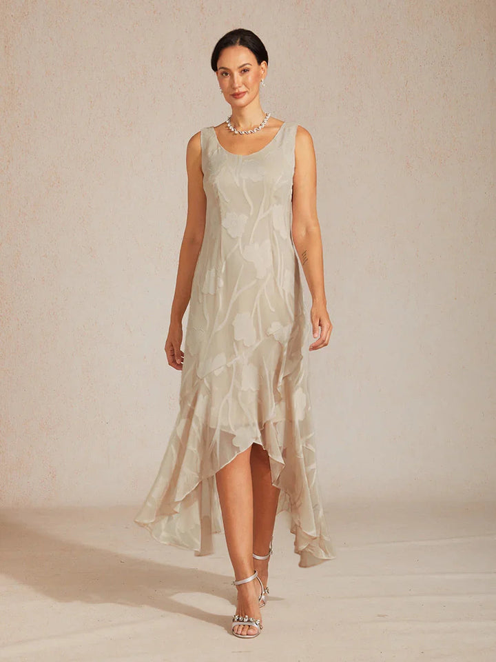 Floral Chiffon Sleeveless Evening Gown with Asymmetrical Hem