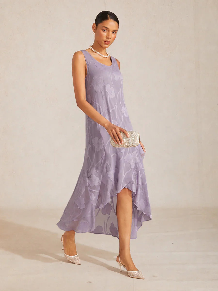 Floral Chiffon Sleeveless Evening Gown with Asymmetrical Hem