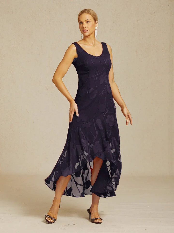 Floral Chiffon Sleeveless Evening Gown with Asymmetrical Hem