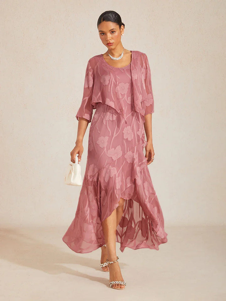 Floral Chiffon Sleeveless Evening Gown with Asymmetrical Hem