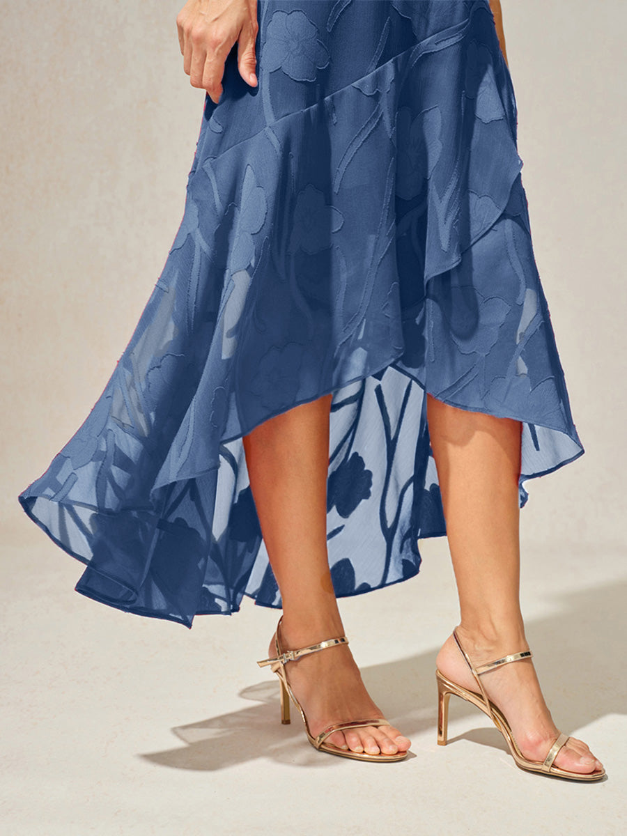 Floral Chiffon Sleeveless Evening Gown with Asymmetrical Hem
