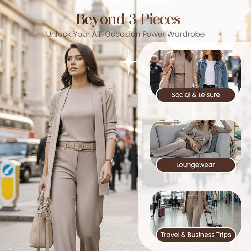 Elegant 3-piece set including long cardigan, top and pants