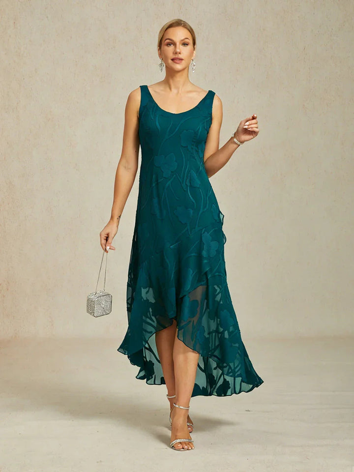 Floral Chiffon Sleeveless Evening Gown with Asymmetrical Hem