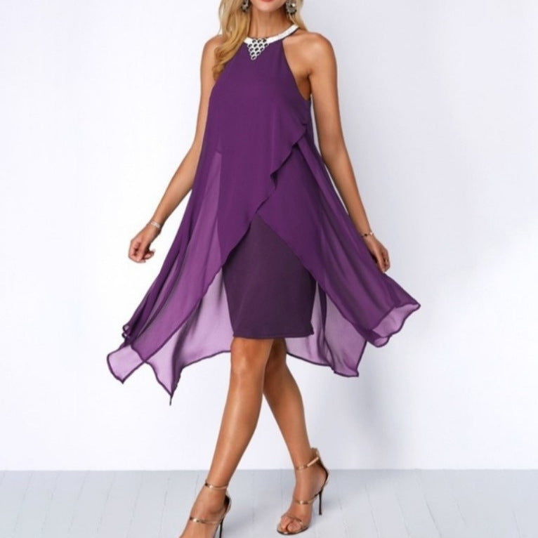 Embellished Neck Asymmetric Hem Black Chiffon Dress