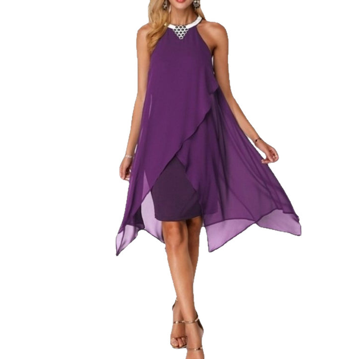 Embellished Neck Asymmetric Hem Black Chiffon Dress