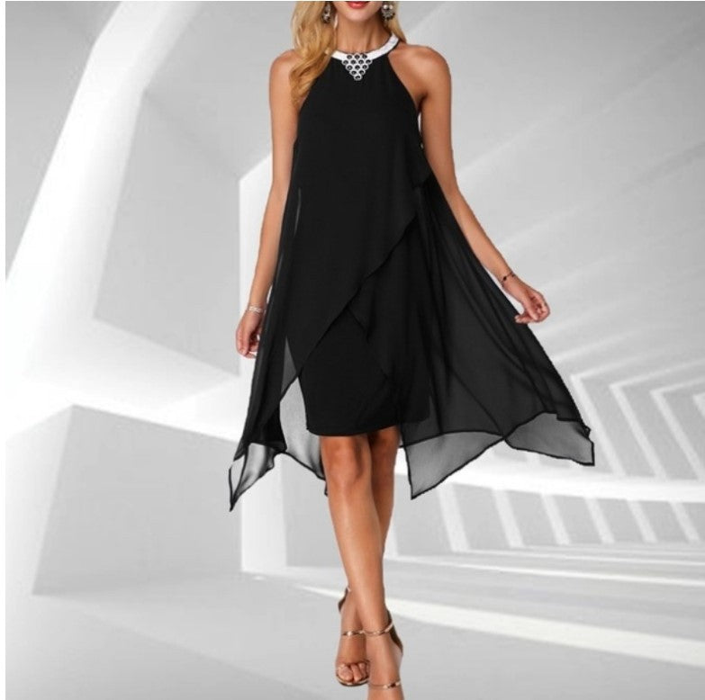 Embellished Neck Asymmetric Hem Black Chiffon Dress