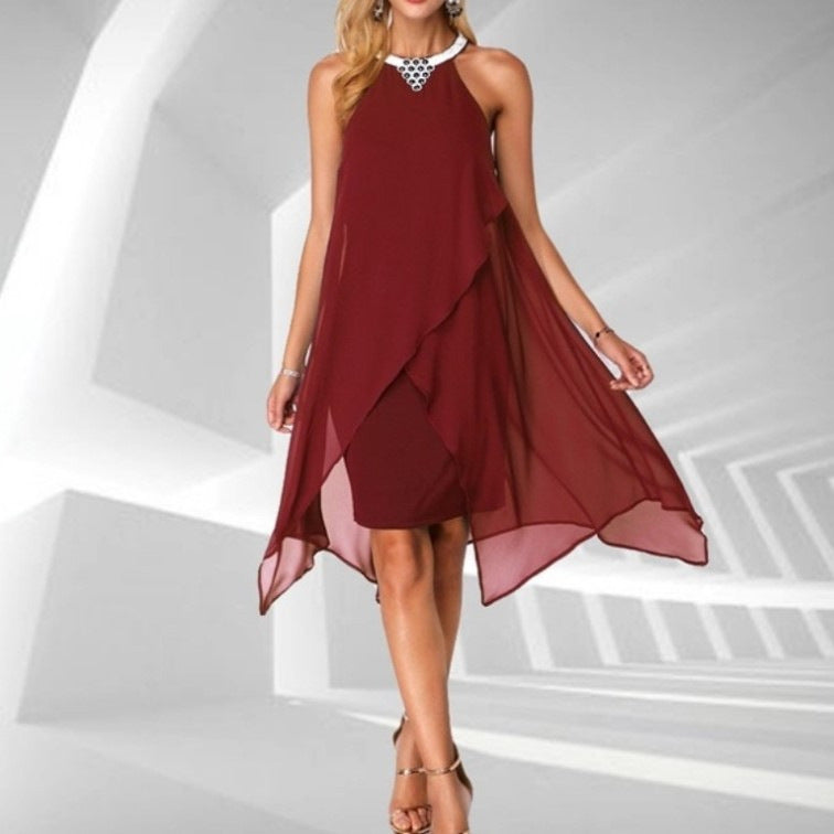 Embellished Neck Asymmetric Hem Black Chiffon Dress