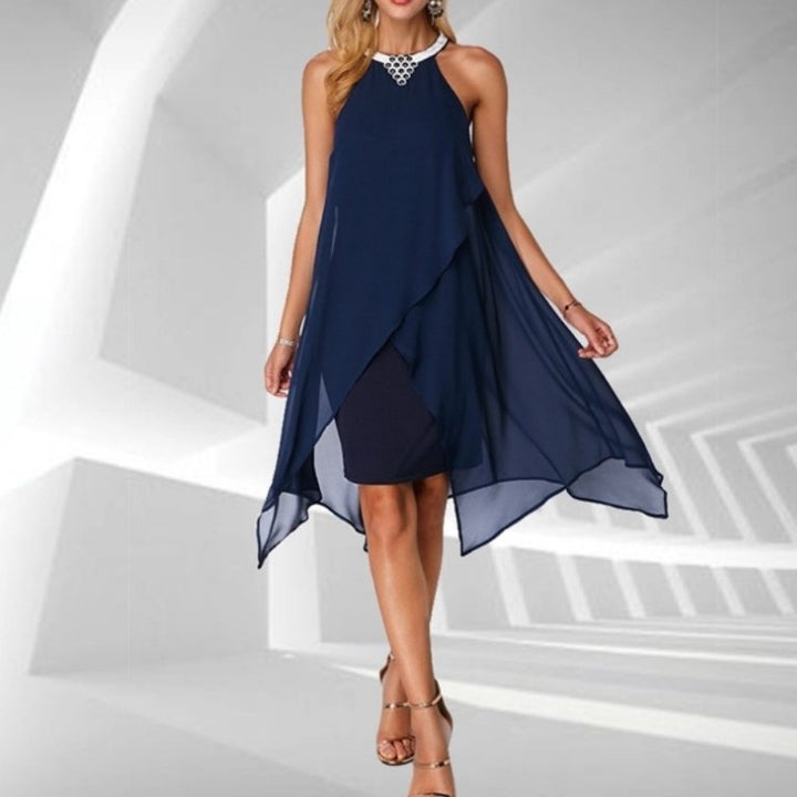 Embellished Neck Asymmetric Hem Black Chiffon Dress