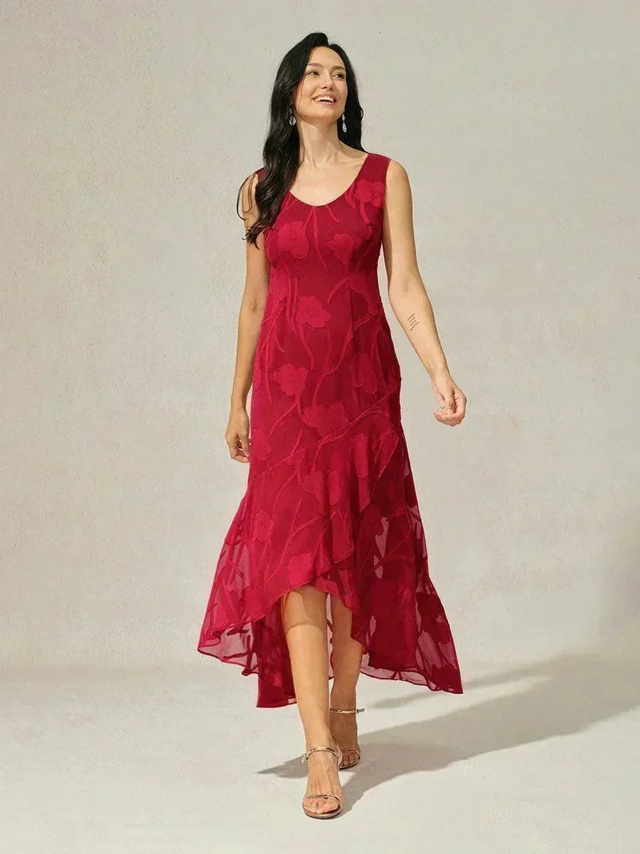 Floral Chiffon Sleeveless Evening Gown with Asymmetrical Hem